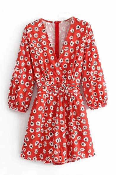 Summer Fashion Womens Red Plunge V Neck Long Sleeve High Waist Floral Print Fitted Beach Rompers