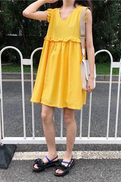 Summer Girls Stylish Solid Color V-Neck Ruffled Hem Mini Smock Dress
