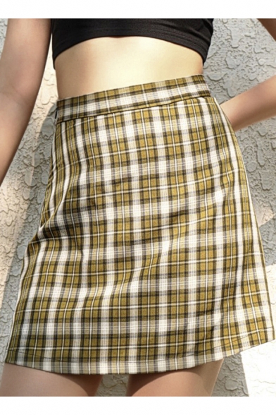 Summer Girls Stylish Yellow Check Pattern High Rise Mini A-Line Skirt