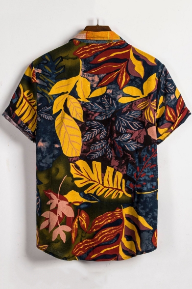 Summer Guys Fashion Tropical Leaf Printed Short Sleeve Button Up Shirt