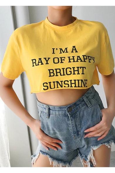 Summer Hot Fashion Letter I'M A RAY OF HAPPY BRIGHT SUNSHINE Print Short Sleeve Yellow Crop Tee