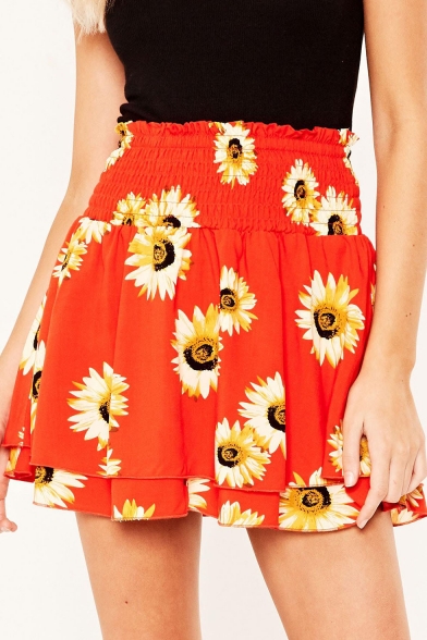 Summer Hot Fashion Orange Sunflower Print Shirred High Waist Double Layer Mini Skirt