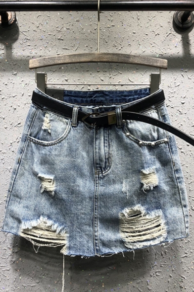 Summer Hot Popular Blue Ripped Fringe Hem Casual Loose A-Line Mini Denim Skirt With Belt