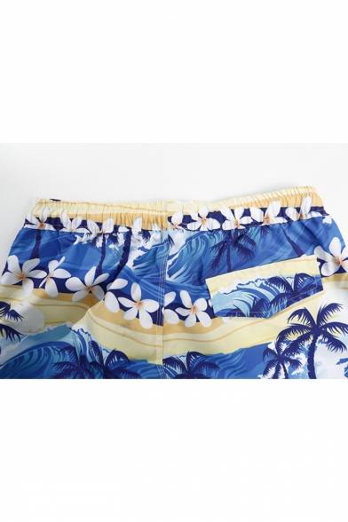 Summer Men's Floral Coconut Tree Pattern Quick Drying Elastic Drawstring Waist Beach Shorts Swim Trunks with Pocket
