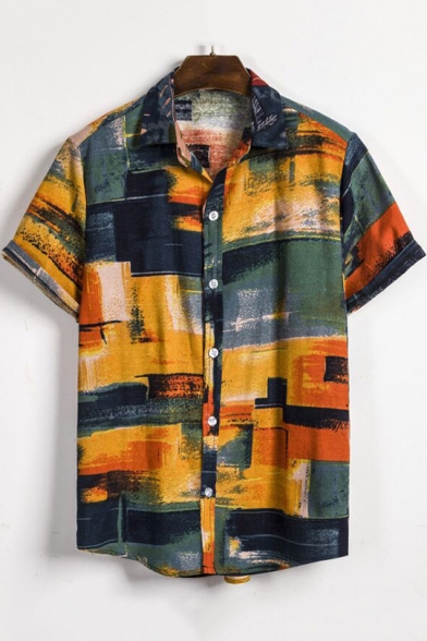 Summer Mens Stylish Tie Dye Pattern Short Sleeve Button Up Casual Shirt