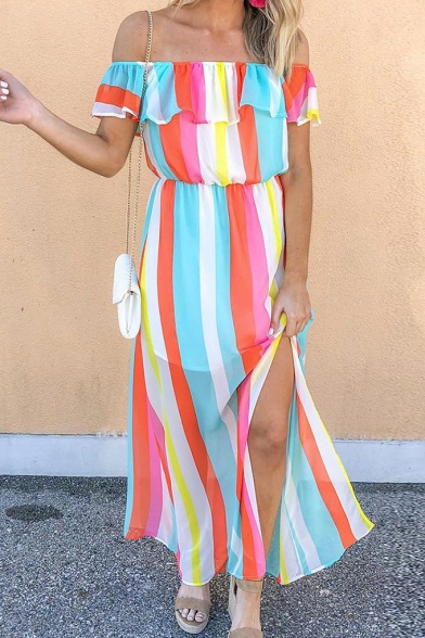 Summer Popular Fashion Rainbow Striped Printed Ruffled Off the Shoulder Split Side Maxi Bohemian Dress