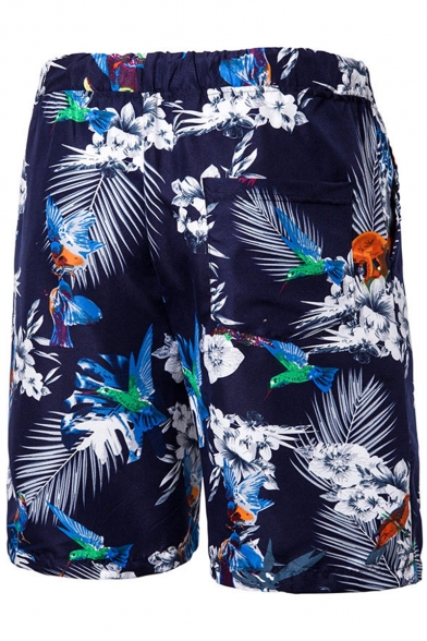 Summer Stylish Floral Birds Pattern Drawstring Beach Short Swim Trunks for Guys with Pockets