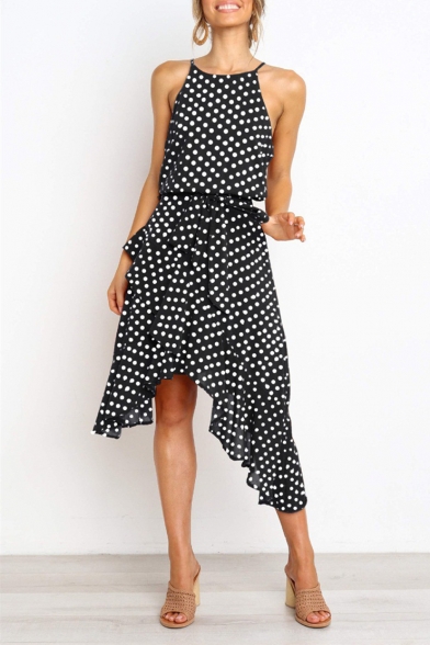 Summer Trendy Classic Polka Dot Printed Sleeveless Bow-Tied Waist Asymmetrical Cami Dress