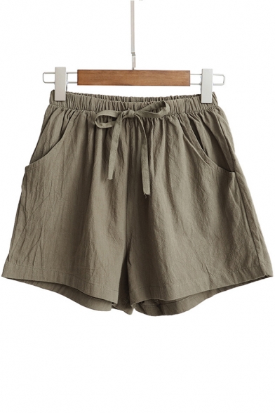 Summer Trendy Drawstring Waist Linen Loose Pull-On Shorts for Women