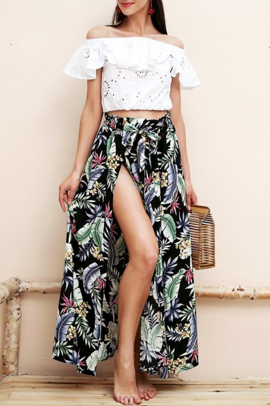 Summer Trendy Tropical Leaf Printed Maxi Holiday Beach Wrap Skirt