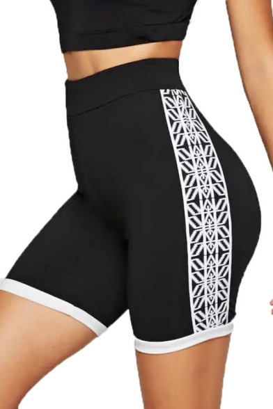 Summer Womens Fashion Printed Side Sport Slim Black Biker Shorts