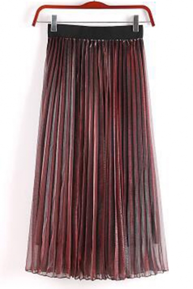 Summer Womens Hot Stylish High Waist Reflective Pleated Midi Straight Mesh Skirt