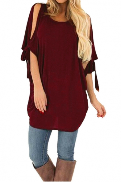 Summer Womens Hot Trendy Round Neck Cutout Sleeve Plain Oversized T-Shirt