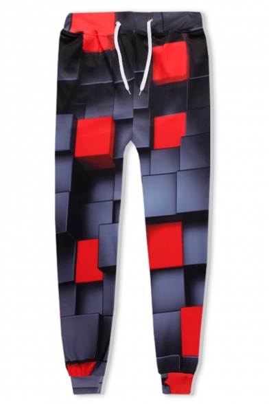 Trendy 3D Geometric Printed Drawstring Waist Grey Sport Casual Joggers Sweatpants