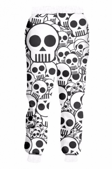Trendy 3D Skull Printed Drawstring Waist Black and White Polyester Sport Casual Joggers Sweatpants