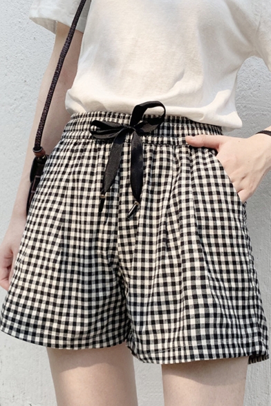Trendy Black and White Plaid Print Drawstring Waist Cotton Loose Pull-On Shorts