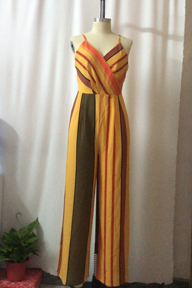 Trendy Chic Plunge V Neck Straps Sleeveless Yellow Striped Print Casual Loose Holiday Jumpsuits