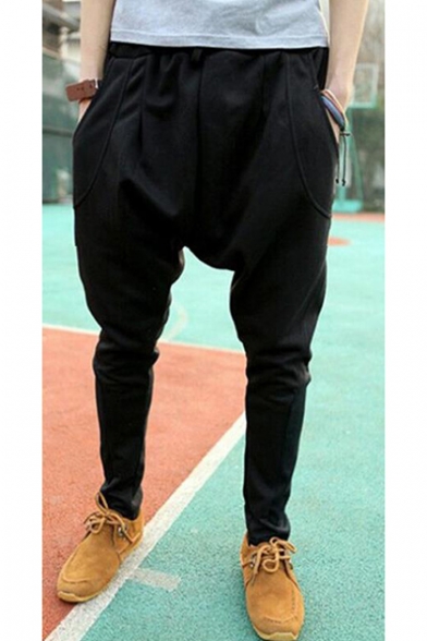 Trendy Plain Button Embellishment Drop-Crotch Drawstring Waist Joggers Harem Pants