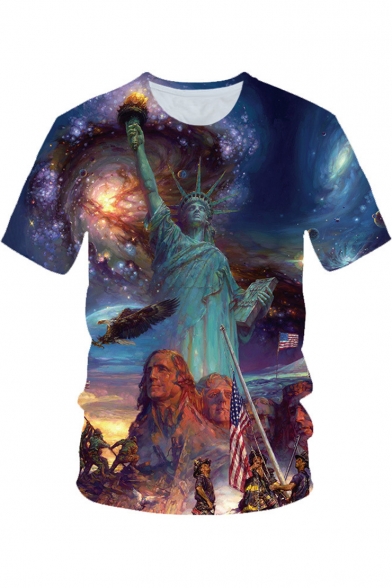 Trendy Statue of Liberty Blue Universe Galaxy 3D Print Short Sleeve Tee