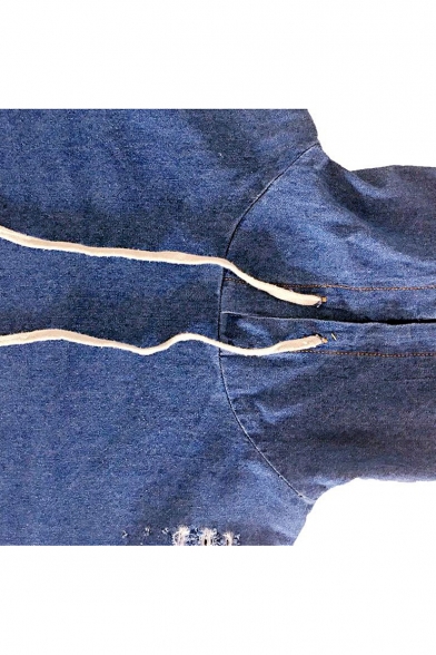 Unique Denim Blue Simple Plain Destroyed Ripped Long Sleeve Loose Drawstring Hoodie