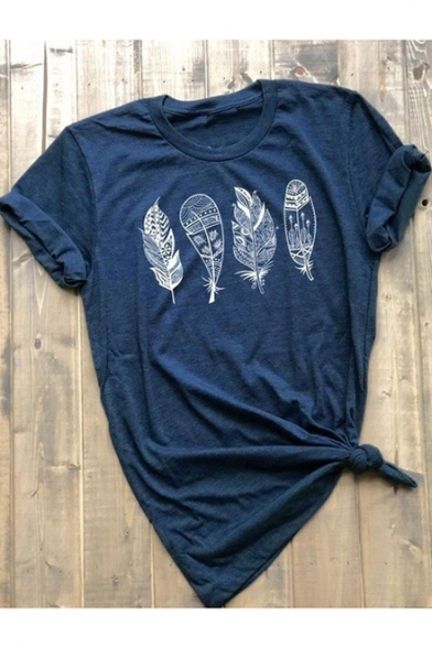 Unique Fashion Leaf Print Short Sleeve Round Neck Loose Leisure T-Shirt