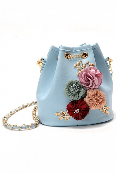 Women's Fashion Colored Flower Embellishment PU Leather Crossbody Bucket Bag 18*19*12 CM