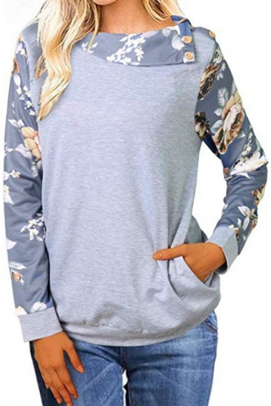 Womens Chic Floral Printed Turn-Down Collar Long Sleeve Casual Sweatshirt