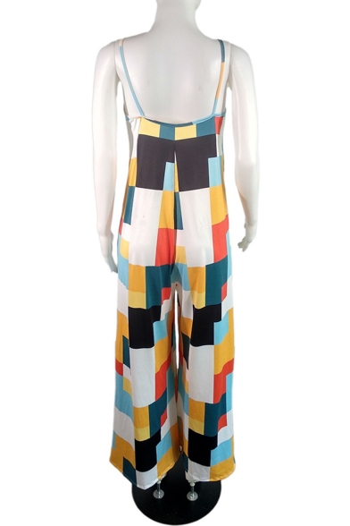 Womens Chic Stylish Multicolor Check Printed Plunge V Neck Straps Sleeveless Casual Loose Jumpsuits