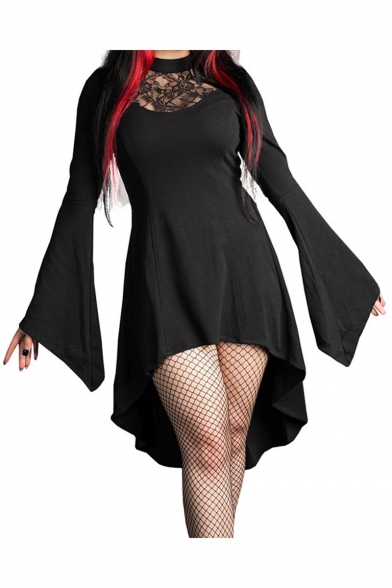 Womens Cool Black High Neck Lace Patch Cutout Bell Sleeve Asymmetric Hem Mini Gothic Dress