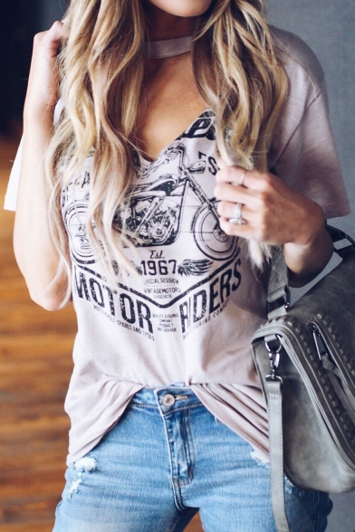 Womens Cool Street Fashion Choker V-Neck Short Sleeve MOTOR RIDER Loose Fit Graphic T-Shirt