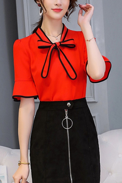 Womens Fancy Contrast Trim Bow-Tied Collar Flared Sleeve Chiffon Blouse
