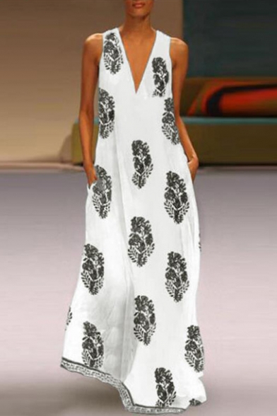 Womens Fancy Retro Summer Leaf Printed V-Neck Sleeveless Maxi Swing Beach Tank Dress