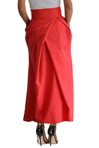 Womens Fashion High Waist Simple Solid Color Maxi Red Tulip Skirt with Pocket