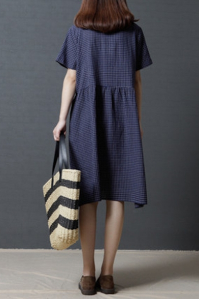 Womens Fashion V-Neck Short Sleeve Plaid Print Midi Swing Dress