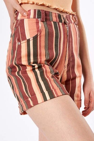 Womens High Rise Fashion Vertical Striped Printed Rolled Hem Fitted Shorts