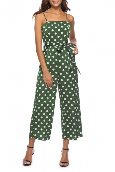Womens Hot Fashion Polka Dot Print Straps Sleeveless Tie-Waist Casual Loose Jumpsuits