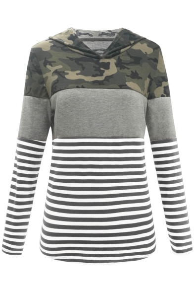 Womens Hot Popular Camo Striped Print Long Sleeve Sport Loose Pullover Hoodie