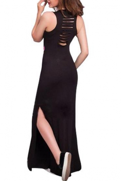 Womens Hot Popular Cutout Sleeveless Letter Print Split Side Maxi Tank Dress
