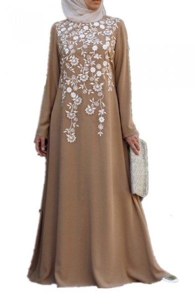 Womens Hot Popular Plain Long Sleeve Round Neck Floral Print Floor Length Maxi A-Line Dress