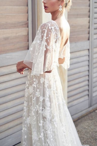 Womens Stylish White Ruffle Sleeve Plunge V Neck Floral Print Sweet Mesh Maxi Dress