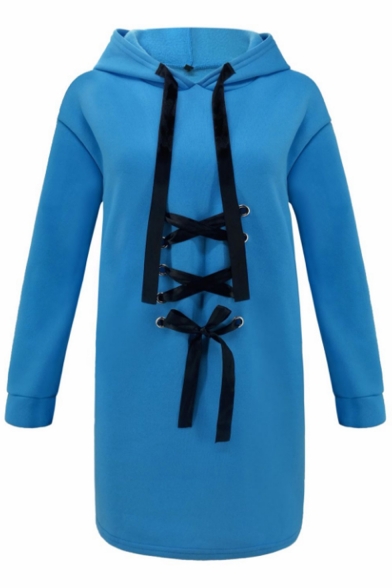 Womens Hot Trendy Simple Solid Color Lace-Up Front Long Sleeve Longline Hoodie
