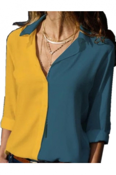 Womens New Stylish Two-Tone Sexy V-Neck Long Sleeve Casual Office Shirt Blouse