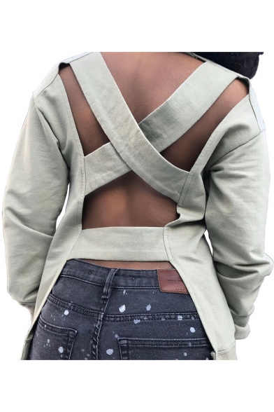 Womens New Stylish Unique Cutout Back Round Neck Long Sleeve Casual Grey Sweatshirt