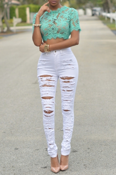Womens Sexy Distressed Ripped Hole Stretch Fit Skinny Denim Jeans