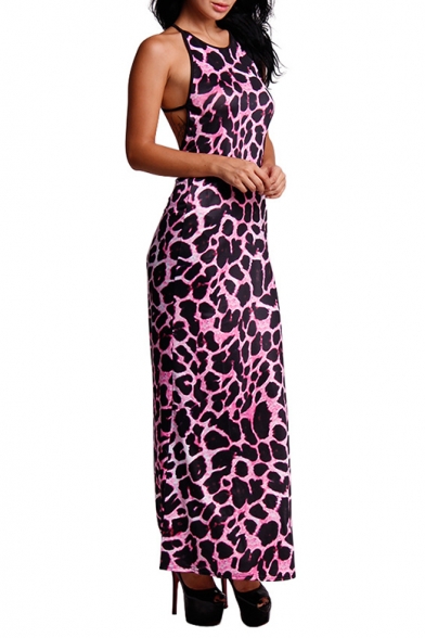 Womens Sexy Pink Leopard Printed Sleeveless Cutout Back Maxi Sheath Dress