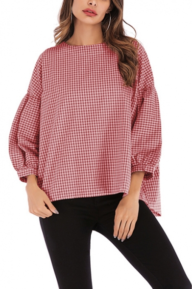 Womens Stylish Plaid Pattern Round Neck Puff Long Sleeve Casual Loose Blouse Top
