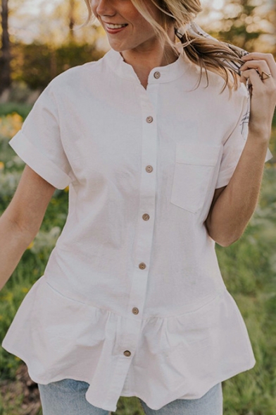 Womens Stylish Simple Plain Short Sleeve One Pocket Button Down Shirt