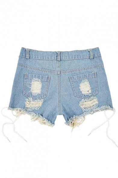 Womens Summer Sexy Hollow Out Lace-Up Side Destroyed Ripped High Rise Night Club Denim Shorts