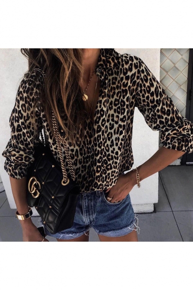 Womens Trendy Leopard Print Long Sleeve Lapel Collar Button Down Shirt