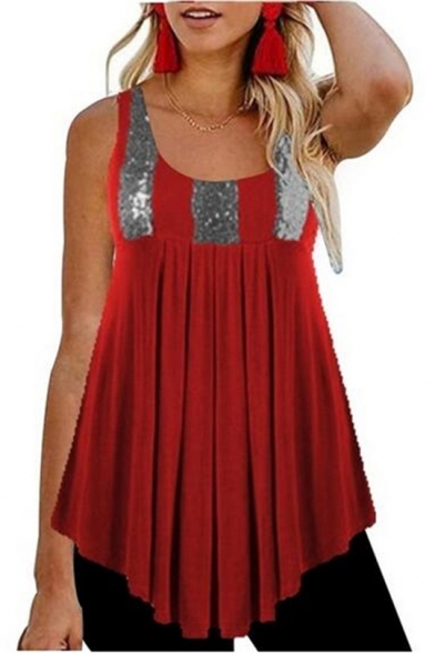 Womens Trendy Sequined Patchwork Scoop Neck Sleeveless Asymmetrical Pleated Tank Top
